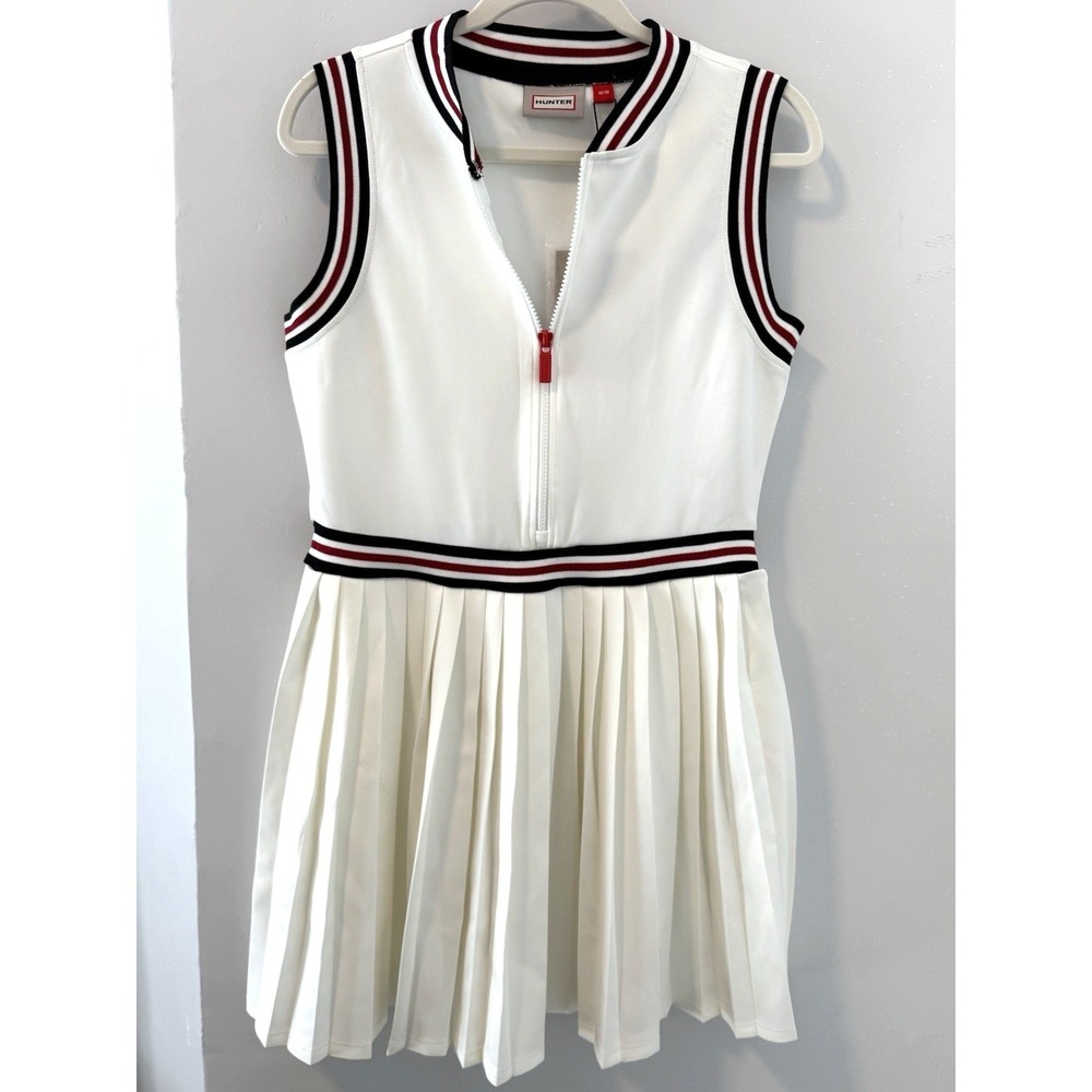 NWT Hunter Pleated Tennis Dress Mini Front Zip Sleeveless White Varsity Preppy M - Picture 2 of 12